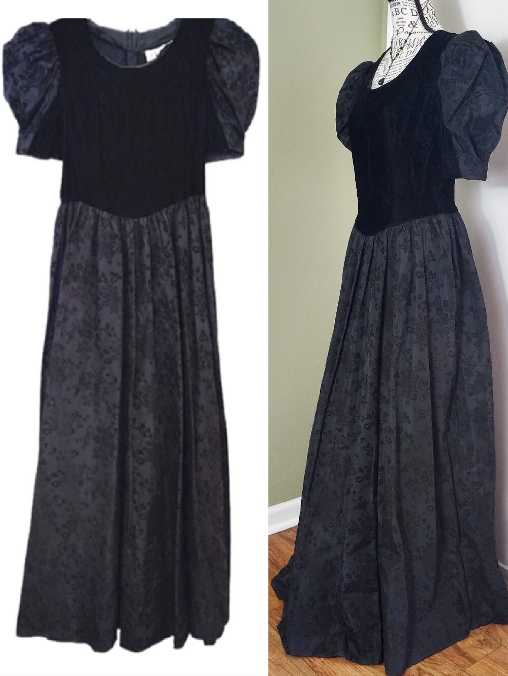 80s Black Velvet‎ Floral Taffeta Puff Sleeve Gothic Prom Dress SZ 10 *Small